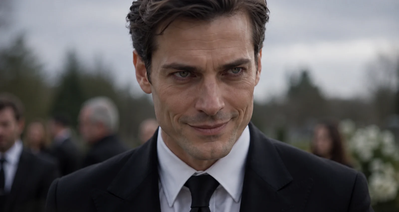 A cold-eyed father in a black funeral suit at an overcast cemetery